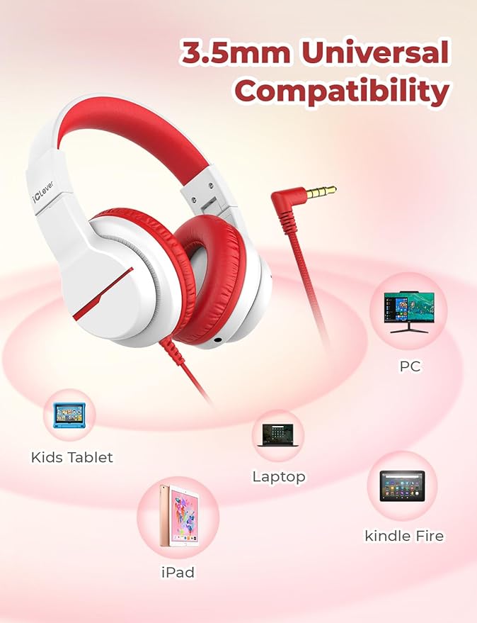 iClever HS19 Kids Headphones with Microphone, 74/85dBA Volume Limiter - Shareport - Over Ear Stereo Headphones for Kids Boys Girls, Foldable 3.5mm Jack Wired Headphone for iPad/School/Travel, White