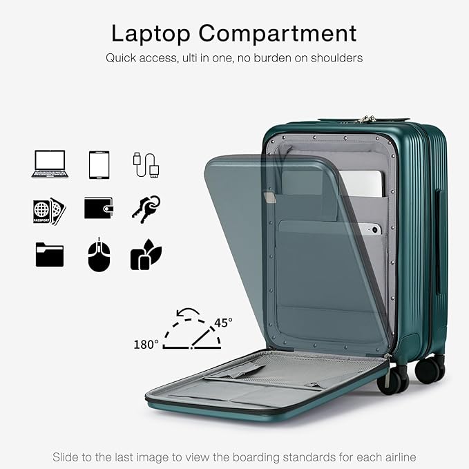 Hanke Grace Carry On Luggage with Wheels Airline Approved Hard Shell Suitcases with Front Pocket，Top Opening Luggage with TSA Lock for Short Business Travel，Blackish Green.