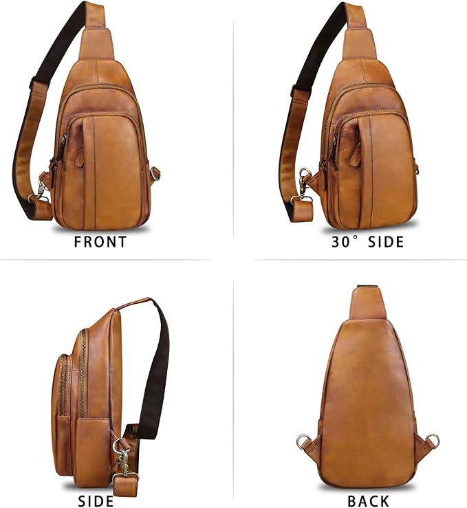 IVTG Genuine Leather Sling Bag Crossbody Casual Hiking Daypack Vintage Handmade Chest Shoulder Backpack Motorcycle Cycling Purses (Brown)
