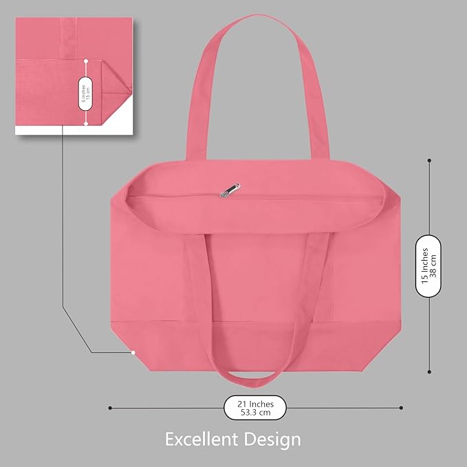 TOPDesign 1-Pack Canvas Tote Bag with an External Pocket, Reusable Grocery Shopping Bag, Top Zipper Closure, Daily Essentials (Rose Pink)