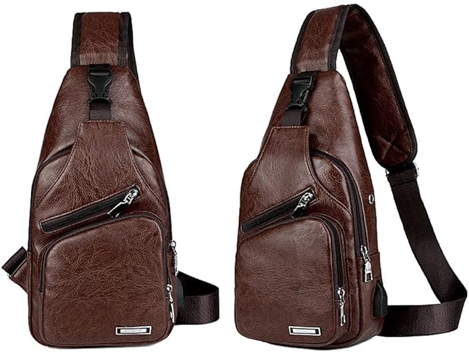 Peicees Leather Sling Bag Mens Crossbody Bag Chest Bag Sling Backpack for Men with USB Charge Port