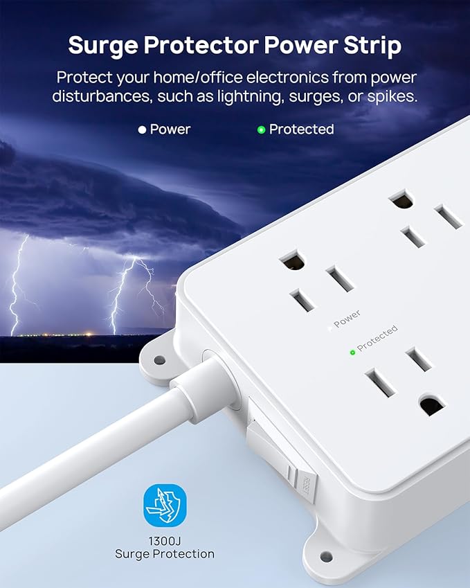 TROND Power Strip with USB, Surge Protector Flat Plug with 5 Widely-Spaced Outlets and 3 USB Ports, ETL Listed, 1300J, Wall Mountable, 5ft Extension Cord, for Office Kitchen, White