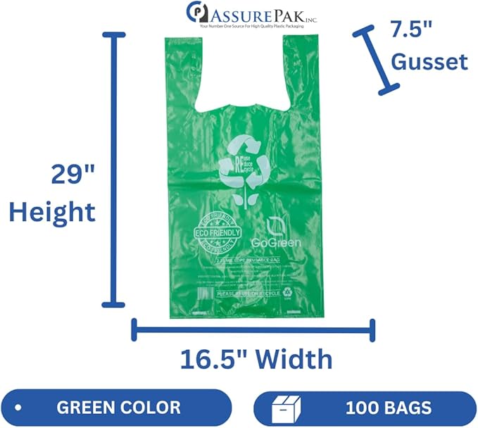 Green Reusable/Eco-Friendly LDPE T-Shirt - 16.5"x7.5"x29" - 180 Bags - 57 Micron (2.25 mil) - Green - GRNLD40REC225REU1729 - AssurePak