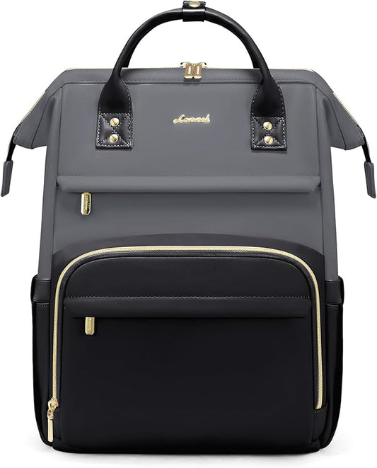 LOVEVOOK Leather Backpack for Women,15.6 inch Leather Laptop Backpacks Women,Professional Work Backpacks Nurse College Teacher Bag,Womens Laptop Bag Computer Travel Backpack Purse,Smoky Gray-Black