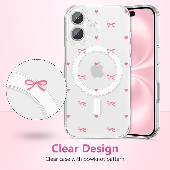 ZTOFERA for iPhone 16 Plus Magnetic Case Clear,Cute Love Heart Ribbon Bow Tie Aesthetic Phone Case,Transparent Trendy Slim Soft Shockproof Protective Phone Cover for Women Girls,Rose Pink