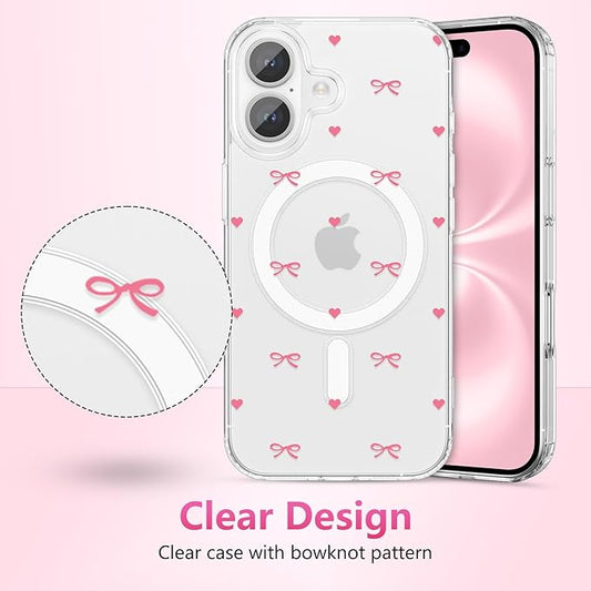 ZTOFERA for iPhone 16 Plus Magnetic Case Clear,Cute Love Heart Ribbon Bow Tie Aesthetic Phone Case,Transparent Trendy Slim Soft Shockproof Protective Phone Cover for Women Girls,Rose Pink