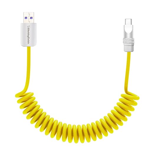 chubbycable Curly Chubby Retractable Fast Charging Cable 120W Coiled Charger Cord for Car Durable USB C Cable Compatible with iPhone 16/15 Series, Yellow, USB-A to Type-C, 1.3FT-2.3FT