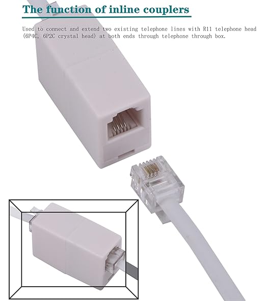 LanSenSu Phone Extension Cord 66 Ft, Phone Cord Telephone Cable with Standard RJ11Plug and 2 in-Line Couplers and 25Cable Clip Holders, White (White, 66 Feet)