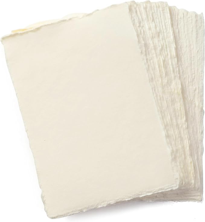 Wanderings Handmade A5 Cream Mixed Media Paper with Deckle Edge - 5.8x8.3-150 GSM - Cold Press Textured Paper Made with Recycled Cotton for Invitations, Crafts, Writers, Watercolor - 50 Sheets