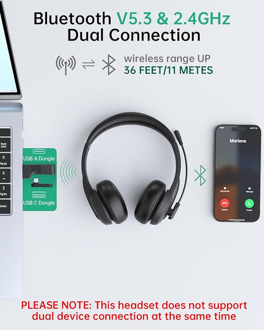 Wireless Headset with Mic for Work with AI Noise Cancelling Mic for Clear Calls, Bluetooth V5.3 Headphones with Microphone to USB A/C Dongle & Mic Mute for Computer Laptop PC iPhone (Black)