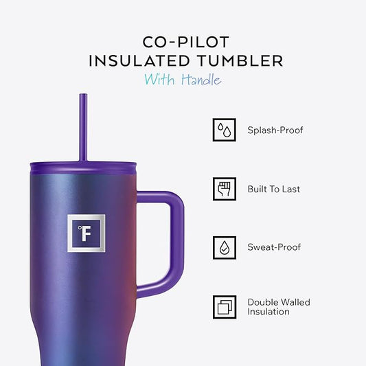IRON °FLASK Co-Pilot Insulated Mug w/Straw & Flip Cap Lids - Cup Holder Bottle for Hot, Cold Drink - Leak-Proof - Water, Coffee Portable Travel Mug - Clementine, 32 Oz