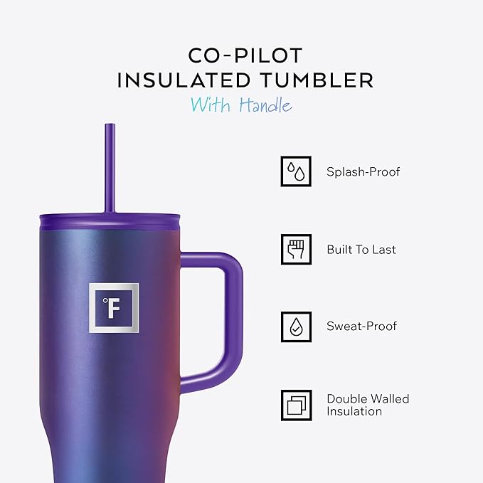 IRON °FLASK Co-Pilot Insulated Mug w/Straw & Flip Cap Lids - Cup Holder Bottle for Hot, Cold Drink - Leak-Proof - Water, Coffee Portable Travel Mug - Twilight Blue, 32 Oz