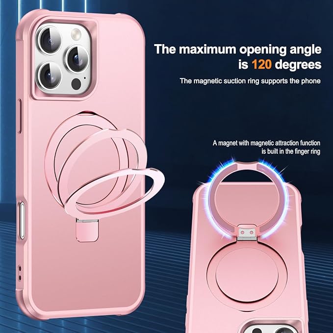 Compatible with iPhone 16 Pro Case with Invisible Magnetic O-Ring Stand Military-Grade Case for iPhone 16 Pro 6.3" [Compatible with Mag-Safe][Great Grip Feeling], Rose Gold