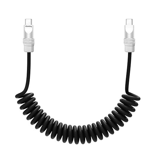 chubbycable Curly Chubby Retractable Fast Charging Cable 240W Coiled Charger Cord for Car Durable USB C Cable Compatible with iPhone 16/15 Series, Black, Type-C to Type-C, 1.3FT-2.3FT