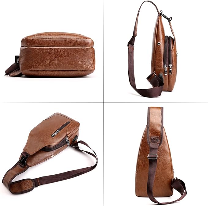 Peicees Leather Sling Bag Mens Crossbody Bag Chest Bag Sling Backpack for Men with USB Charge Port