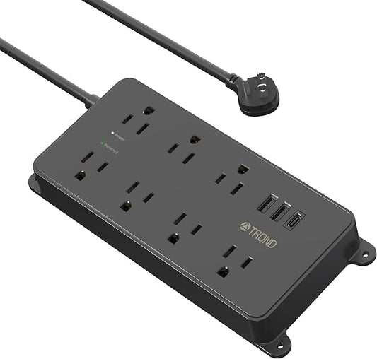 TROND Power Strip Surge Protector, 7 Widely-Spaced Outlets, 2 USB-A & 1 USB-C, ETL Listed, Flat Plug 5ft Extension Cord, Wall Mountable, 1700J, 14AWG Heavy Duty, for Home Office Garage, Black