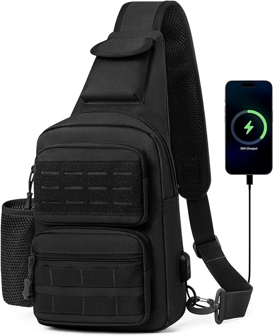 HUNTVP Tactical Sling Bag Crossbody Bag for Men Women EDC Shoulder Bags Molle Sling Backpack Chest Pack for Hiking Hunting Travelling Camping (Type3-Black)