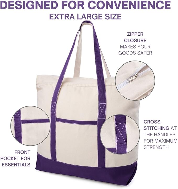 Cotton Canvas Tote Bag with an External Pocket & Top-Zipper Closure For - Gym, Beach, DIY, Work, Travel, Shopping