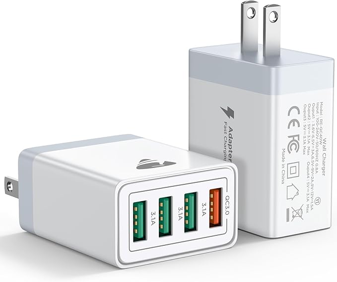 USB Wall Charger Block, 2-Pack 40W 4-Port USB Cube Power Adapter Plug, Multiport Charging Blocks Box Brick for iPhone 16 15 14 13 12 11 Pro Max XR Xs Max 8 7 6 Plus, Samsung, LG, Moto, Android Phones