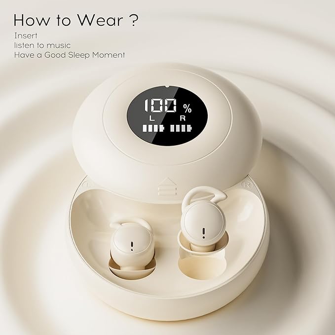 sunvito Sleep Earbuds for Side Sleepers, Mini Invisible Wireless Bluetooth 5.4 Micro Sleep Headphones, Hidden Earbuds with LED Screen for Small Ears Sleeping, Exercise, Working, Hiking (Beige)