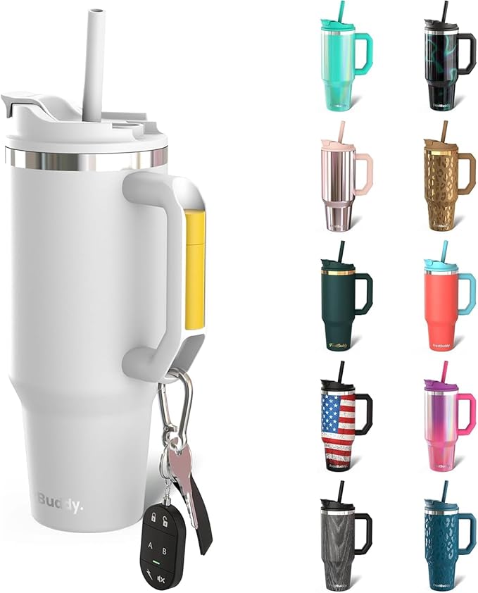 Frost Buddy Thicc Buddy - 40 oz Stainless Steel Vacuum Insulated Tumbler with Lid and Straw for Water - Travel Mug Cupholder Friendly - Gifts for Women Men Him Her (White)