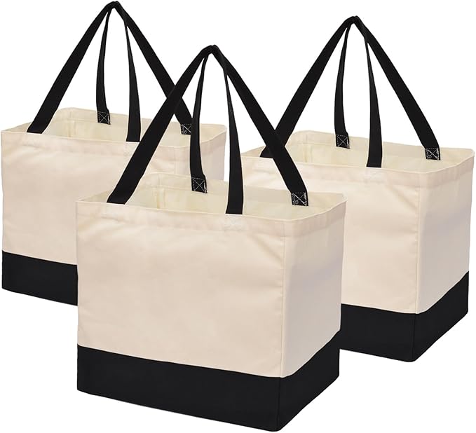 3 Pack Canvas Reusable Grocery Bags Heavy Duty, 8.3 gal Foldable Large Canvas Tote Bag with Handles, Holds 60 lbs Canvas Shopping Bags & Washable Eco-friendly Bags with 5 Pockets, Off white Black
