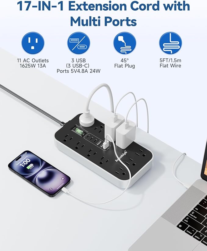 Flat Plug Extension Cord with Multiple Outlets- 10 FT USB Power Strip, 1625W AC Extension Cord with 11 AC Outlet 6 USB (24W/4.8A), Desk Charging Station for Home, Office, Dorm, Gaming Room Essentials