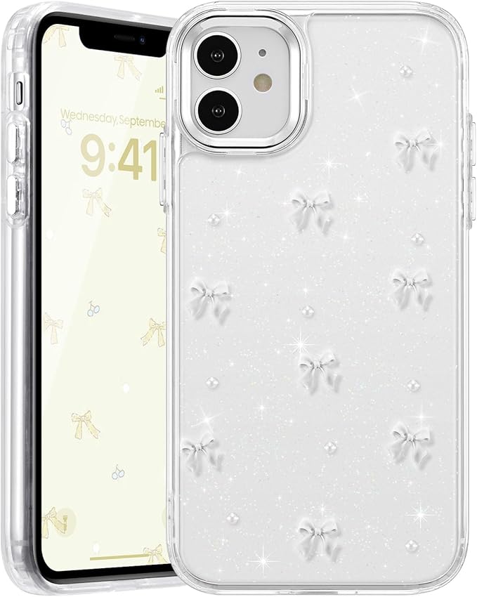 EYZUTAK Case for iPhone 12/iPhone 12 Pro, Bling Glitter 3D Bowknot Phone Case Cute Sparkly Crystal Clear Bow Aesthetic Case Slim Soft Durable TPU Transparent Protective Cover for Women Girls-White Bow