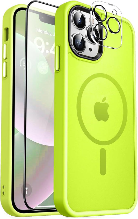 MOCCA Strong Magnetic for iPhone 12 Pro Max Case,[Compatible with Magsafe][Glass Screen Protector+Camera Lens Protector] Slim Shockproof Cover Phone Case for iPhone 12 Pro Max 6.7",Fluorescent Green