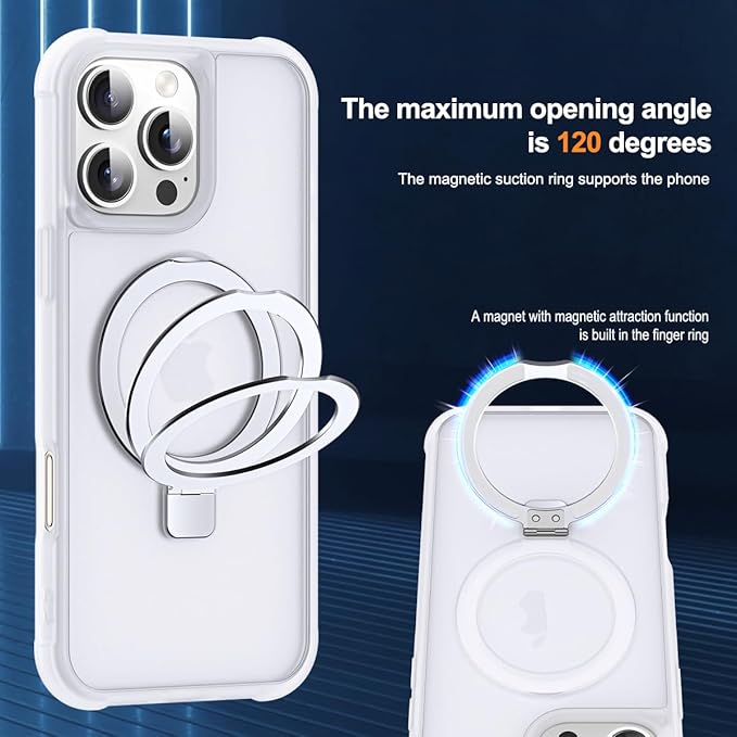 Compatible with iPhone 16 Pro Case with Invisible Magnetic O-Ring Stand Military-Grade Phone Case for iPhone 16 Pro 6.3" [Compatible with Mag-Safe][Great Grip Feeling],Translucent