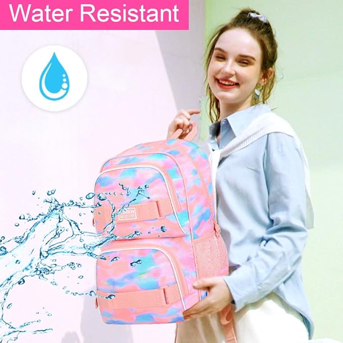3Pcs Backpack for Girls Women, 17 Inches Tie-dye College School Bookbag Set for Teens Students, Water Resistant Laptop Backpacks with Lunch Bag(Pink)