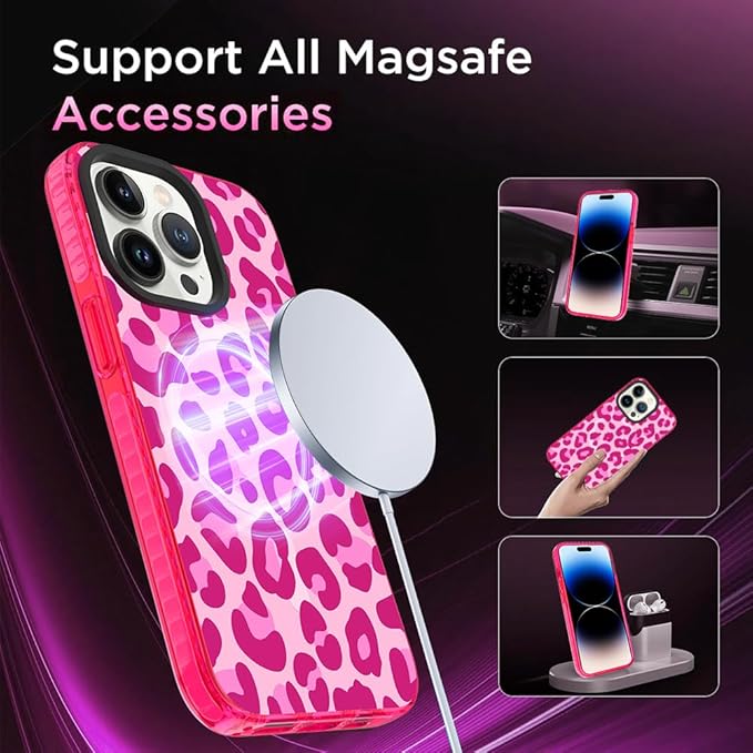 SAKUULO Magnetic for iPhone 14 Pro Case Hot Pink Leopard Print Pattern [Compatible with MagSafe] Wireless Charge Strengthen Protection Cover, Hot Pink Leopard (6.1")