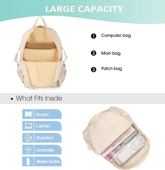 Kawaii Backpack for Teen Girls, Cute Aesthetic High Middle School College Bookbag with Accessories, Beige