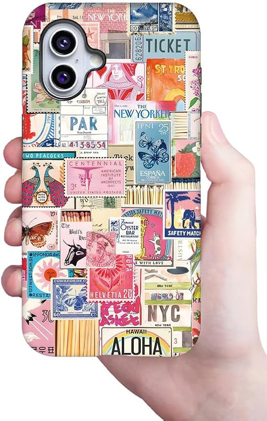Generic Case Compatible with iPhone 12/12 Pro,Vintage Stamps Collage Phone Case for Girl Women,Durable Protection Case