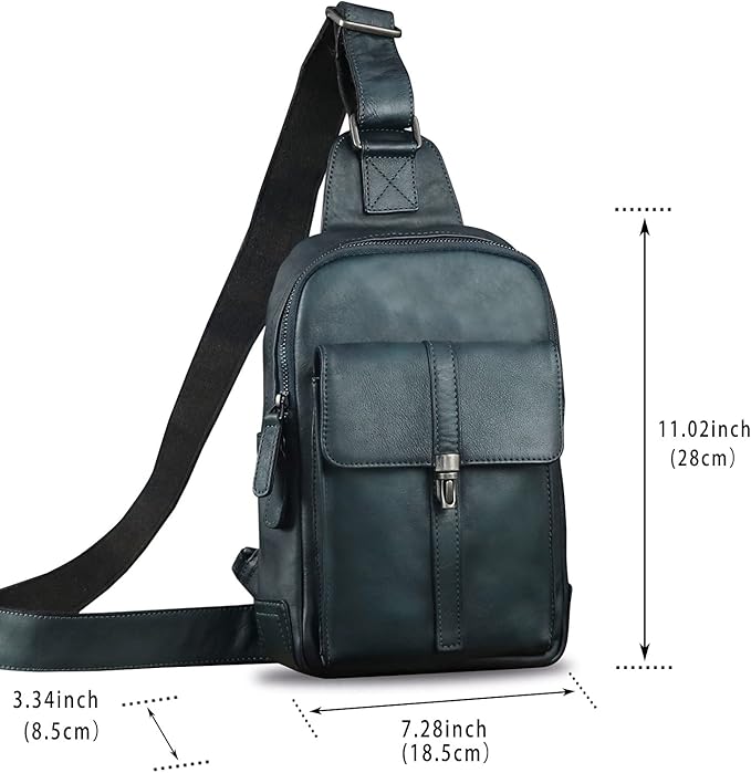 IVTG Genuine Leather Sling Bag Casual Shoulder Hiking Backpack Vintage Handmade Crossbody Bag Retro Chest Daypack (NavyBlue)
