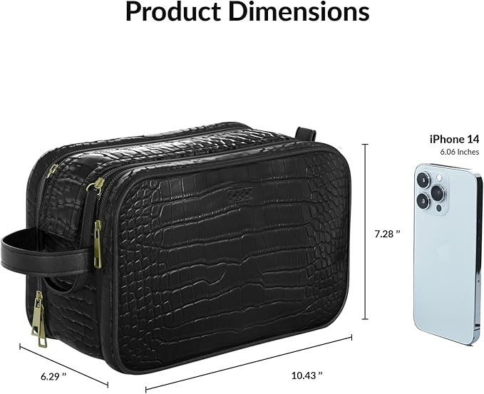 Dot&Dot Leather Toiletry Bag for Men Women - Spacious Womens Mens Toiletry Travel Bag, Large Travel Toiletries Bags (Black Croc, Large)