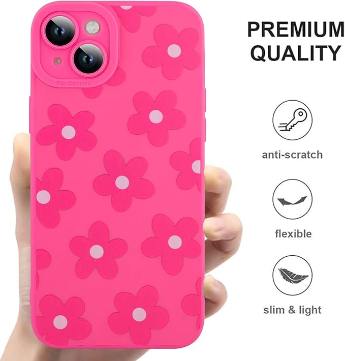 ZIYE for iPhone 15 Plus Case Hot Pink Flower Pattern Phone Case with Camera Protection,Soft TPU Silicone Rubber Protective Cover Floral Design Cases Compatible with iPhone 15 Plus 6.7 Inch