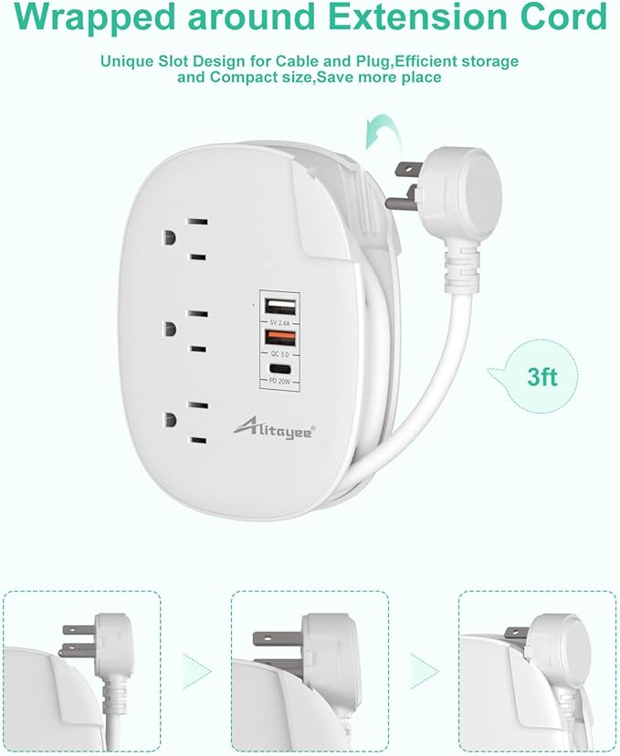Alitayee 20W USB C Power Strip with 3 Outlets and USB C Fast Charging for iPhone, QC 3.0 Charger, Flat Plug and 3ft Wrapped Around Extension Cord for Cruise Travel Home Office Dorm