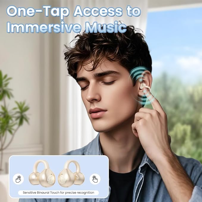 Clip on Earbuds Open Ear Wireless Bluetooth 5.4 Headphones with Mic,60H Play,Noise Cancelling,Waterproof,Sports Ear Buds,Comfortable for Small Ears & Glasses Wearers,Workouts (Off White)