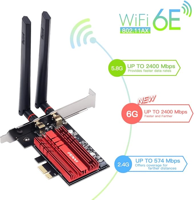 WiFi 6E AX210 PCI-E WiFi Network Card BT5.3 160MHz Tri-Band Expands WiFi into 6GHz/5GHz/2.4GHz 5400Mbps Gigabit AX210ngw Desktop PC PCIe Wireless Adapter WiFi 6E 802.11ac ax MU-MIMO for Windows 11/10