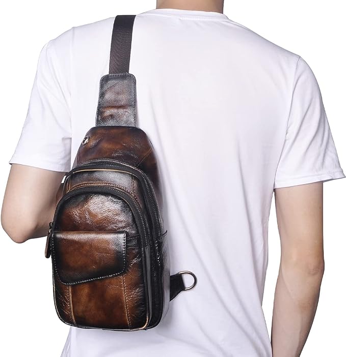 Le'aokuu Men Outdoor Casual Travel Hiking Tea Crossbody Chest Sling Bag Rig One Shoulder Strap Bag Backpack Men Leather