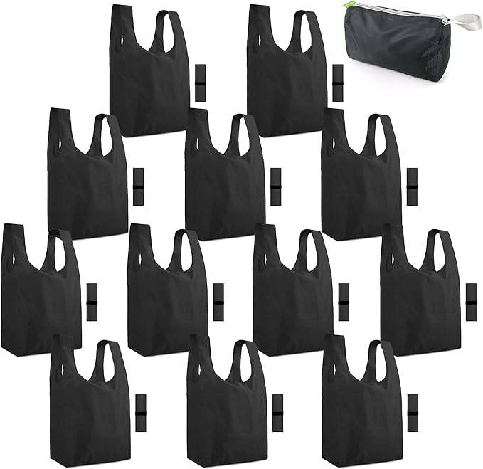 BeeGreen Black Reusable Grocery Bags Shopping Bags for Groceries 12 Pack Heavy Duty - Foldable Polyester Grocery Totes with Handles and Zipper Bag, Large Travel Washable Holiday Tote Bag Bulk