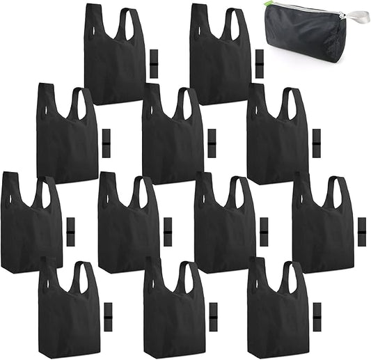 BeeGreen Black Reusable Grocery Bags Shopping Bags for Groceries 12 Pack Heavy Duty - Foldable Polyester Grocery Totes with Handles and Zipper Bag, Large Travel Washable Holiday Tote Bag Bulk