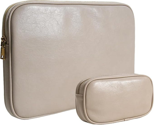 PU Leather Padded Laptop Sleeve 15.3Inch Compatible with MacBook Air 15 A3114 M3 A2941 M2, MacBook Pro 15 Laptop Bag with Charger Pouch Color Sand