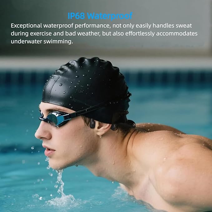 Bone Conduction Swimming Headphones Wireless Underwater Earphones IPX8 Waterproof Bluetooth headsets Built in 32GB MP3 Player Long Lasting Battery for Swimming Running Cycling and Workouts