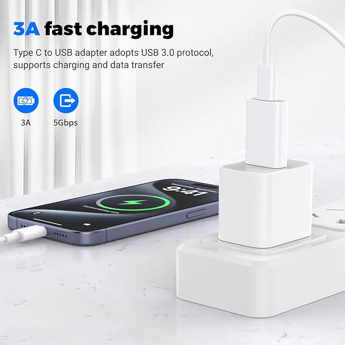 4Pack USB to USB C Adapter,Typec to USB Adapter Charger Cable Converter,OTG Charger Converter for iPhone 16/15/14/13/12 Pro Max Plus,iPad 9/10 Air 5 Mini 6,Car,Samsung S24 S23 S22 Plus Ultra etc.