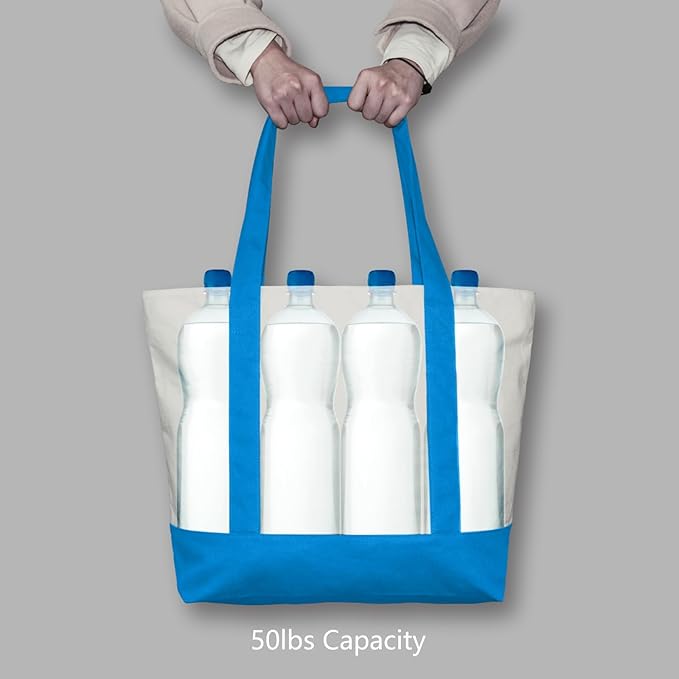 TOPDesign 1-Pack Canvas Tote Bag with an External Pocket, Reusable Grocery Shopping Bag, Top Zipper Closure, Daily Essentials (Ocean Blue/Natural)