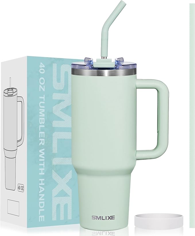 40 oz Tumbler with Handle and Straw Lid,Insulated Reusable Stainless Steel Water Bottle Travel Mug，Cupholder Friendly Double Wall Vacuum Sealed Cup (Light Green)