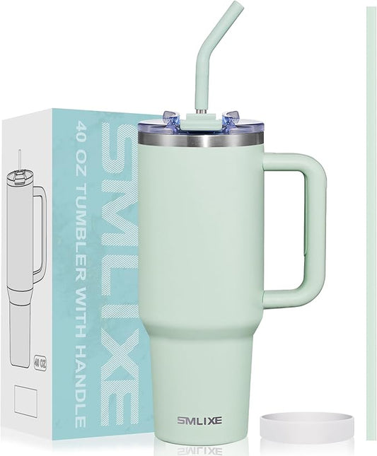 40 oz Tumbler with Handle and Straw Lid,Insulated Reusable Stainless Steel Water Bottle Travel Mug，Cupholder Friendly Double Wall Vacuum Sealed Cup (Light Green)