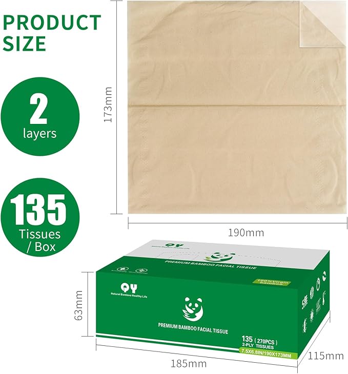 Unbleached Bamboo Facial Tissues - 12 Boxes of 100% Natural, Hypoallergenic, 134 Sheets per Box, FSC Certified, Eco - Friendly, Ultra - Soft & Gentle for Everyday Home and Office Use